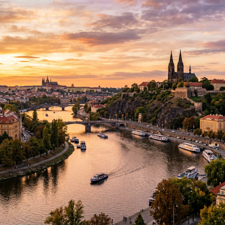 View of Prague's Vltava River with boats, bridges, and historic buildings at sunset