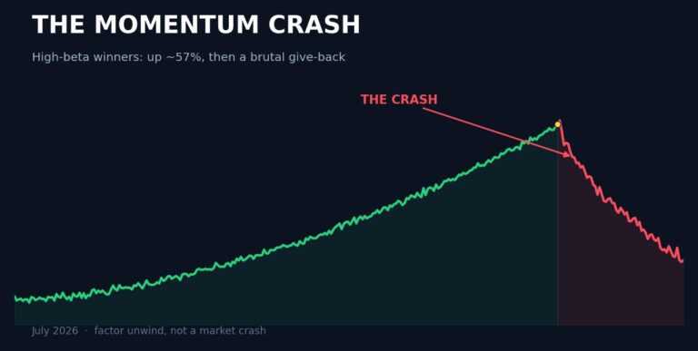 Stylized chart showing a high-beta momentum stock run-up followed by a sharp crash in July 2026