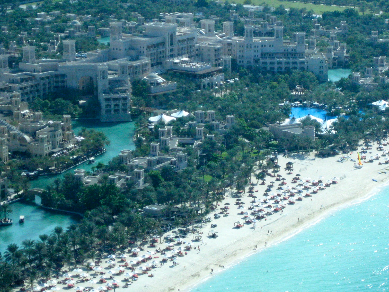 Aerial view of Madinat Jumeirah resort with its canals and wind towers, Dubai
