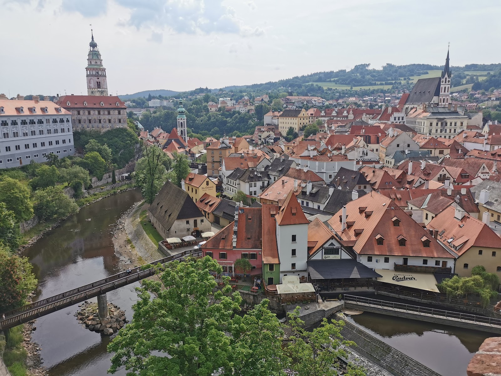 Český Krumlov castle tower and old town above the Vltava river